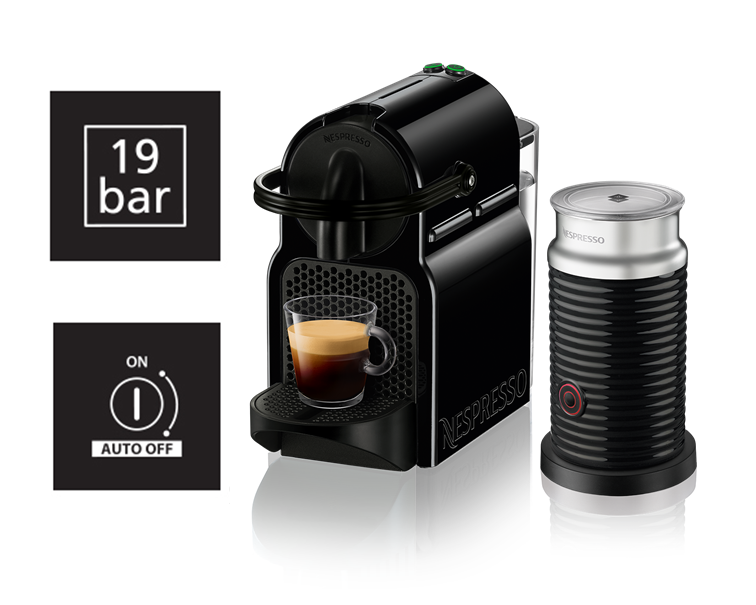 Schwarze Nespresso-Maschine mit Kaffeetasse und Milchaufschäumer. Symbole zeigen 19 bar und Auto-Off.