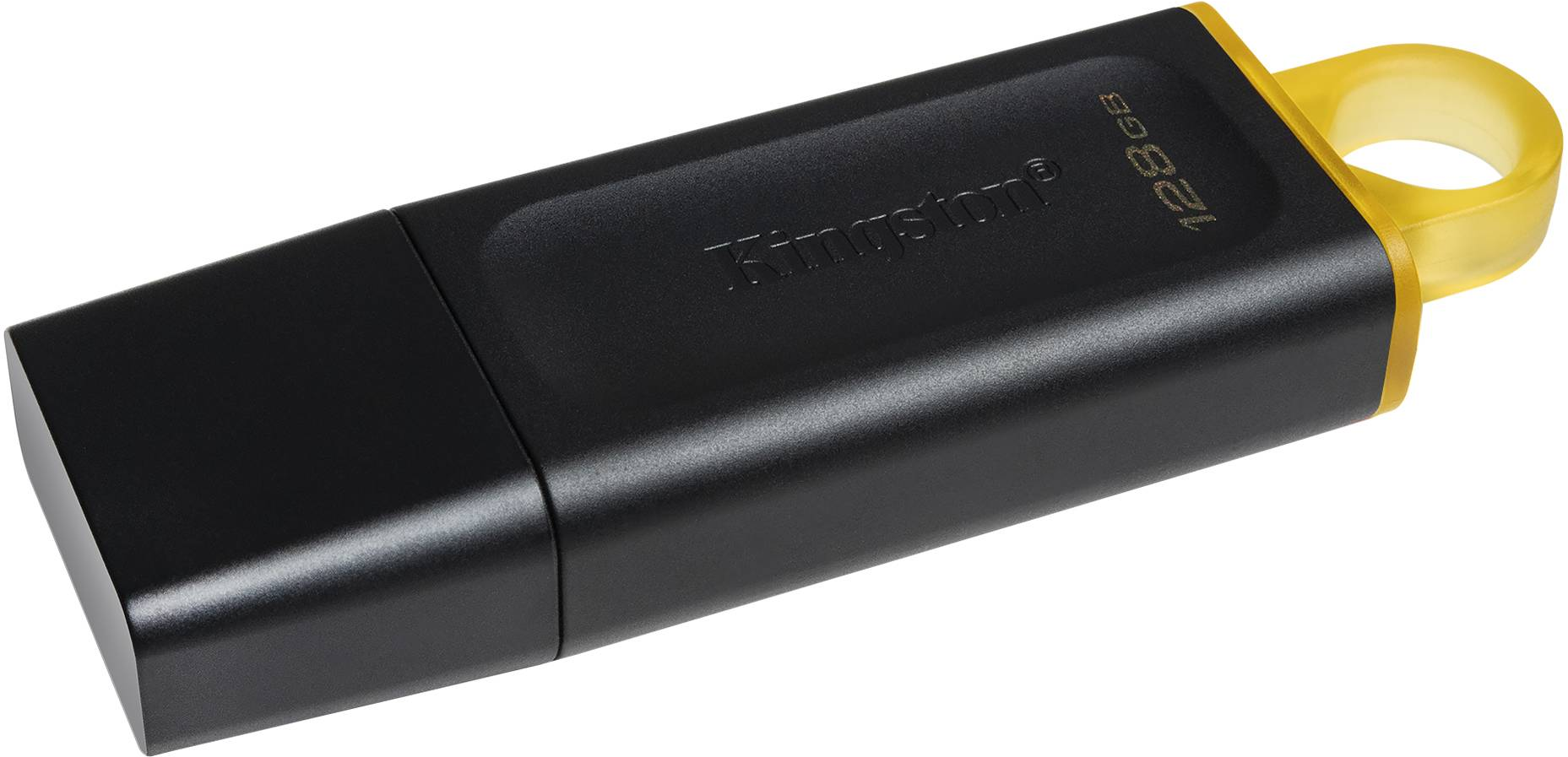 Schwarzer Kingston 128GB USB-Stick mit gelber Schlaufe. Weißer Hintergrund.