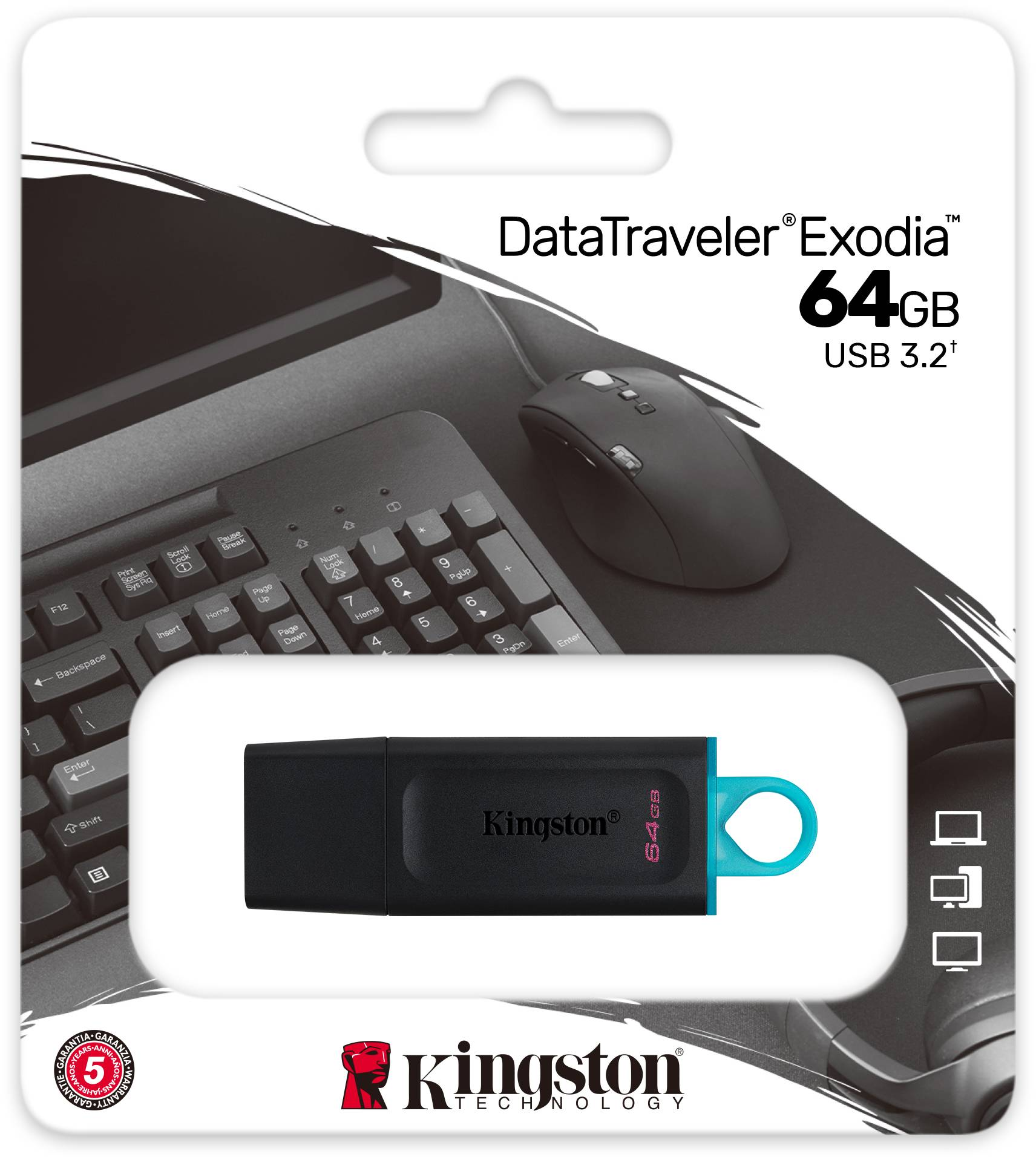 Ein Kingston DataTraveler Exodia 64GB USB-Stick in seiner Verpackung. Eine Tastatur und Maus im Hintergrund.