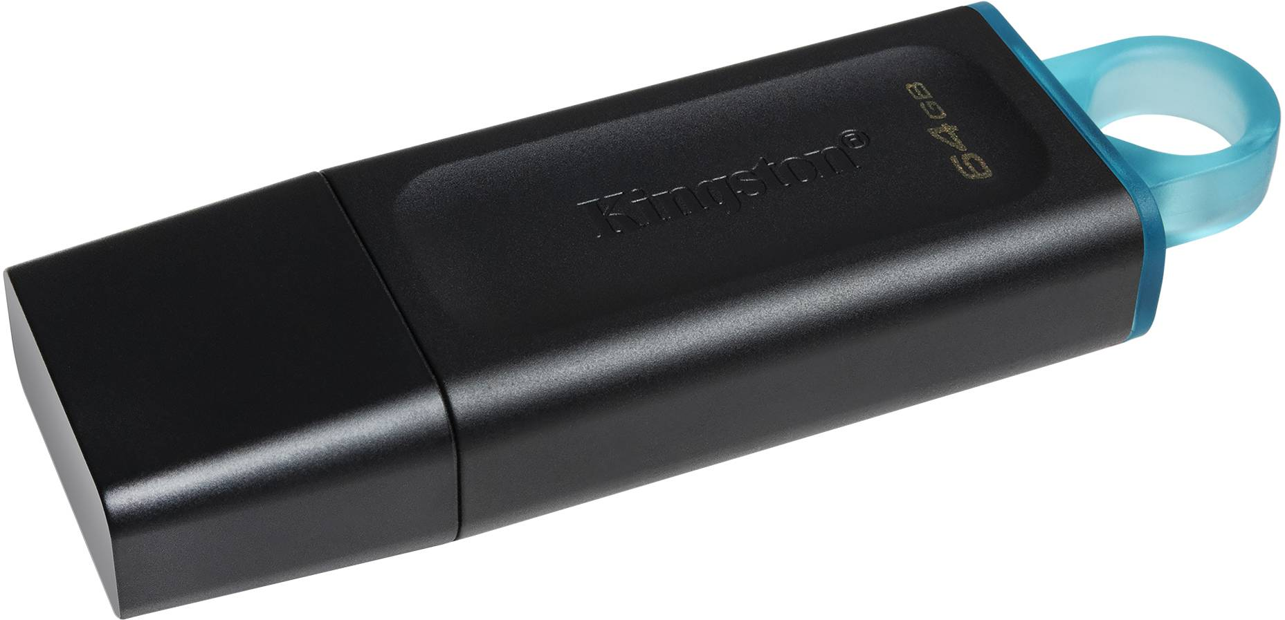 Schwarzer Kingston 64 GB USB-Stick mit blauem Loop, auf weißem Hintergrund.