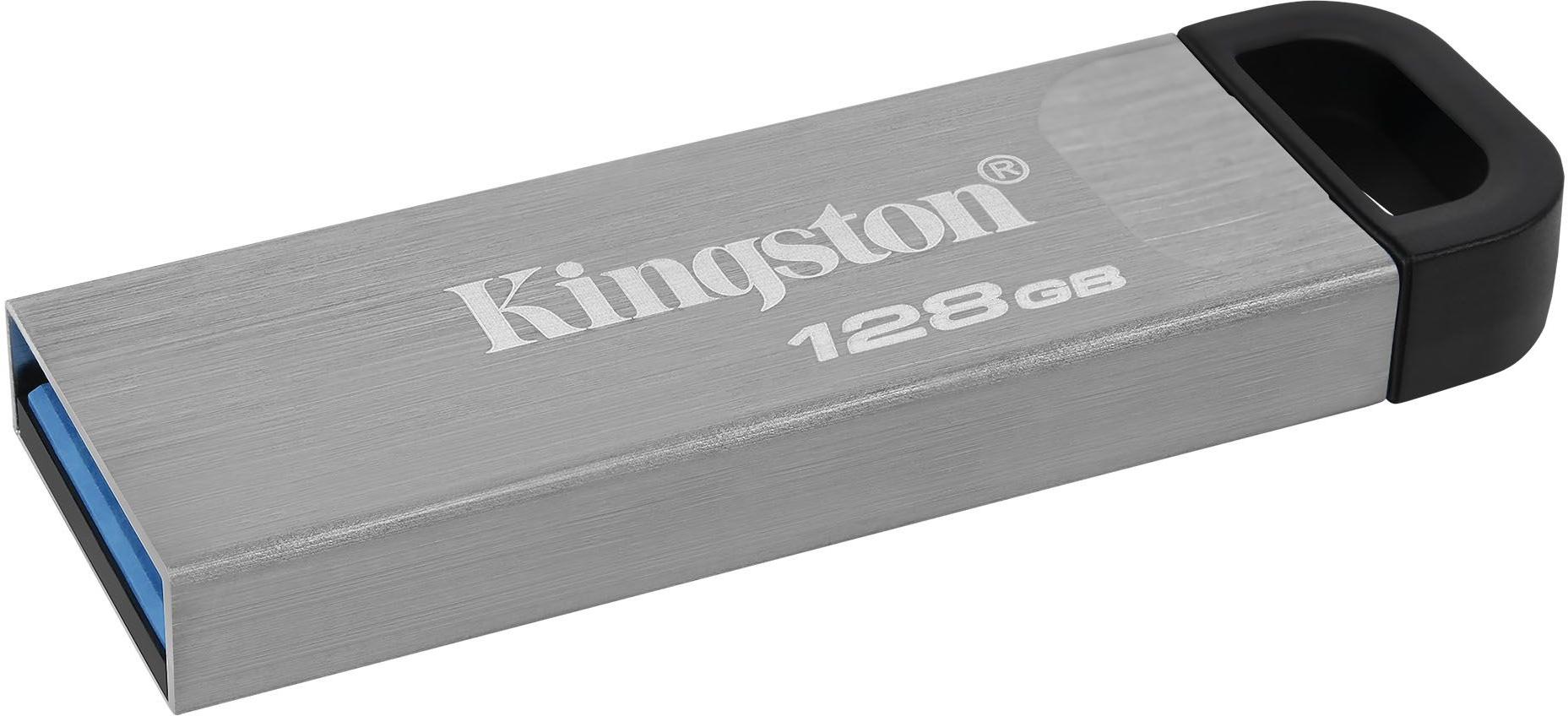 Silberner Kingston 128GB USB-Stick mit schwarzem Deckel. Weißer Hintergrund.