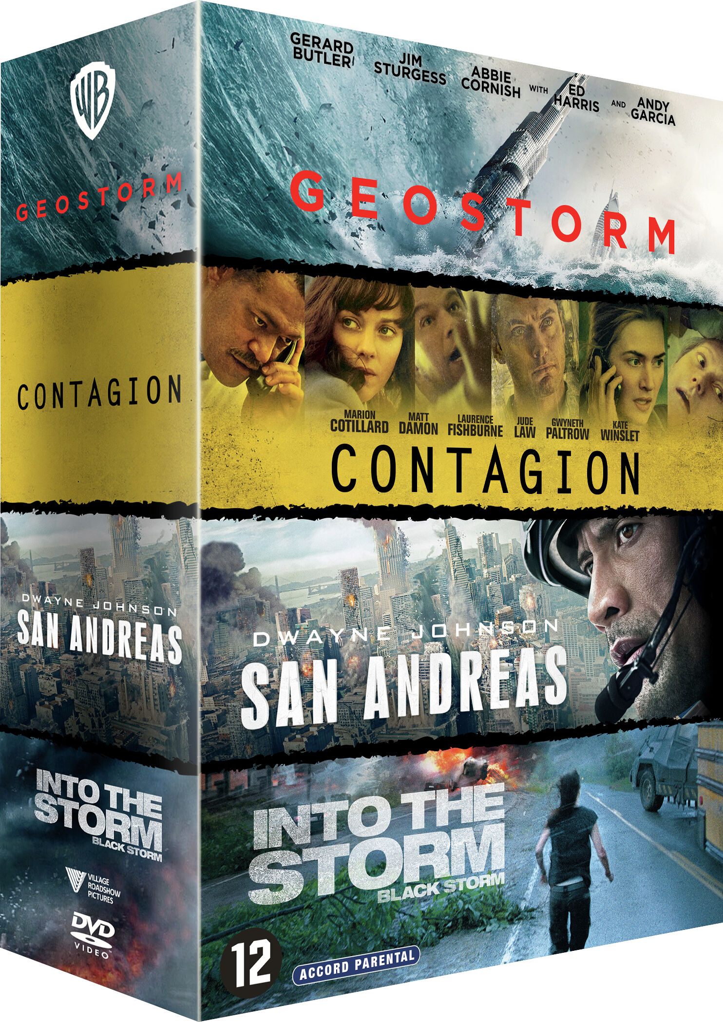 Coffret DVD avec plusieurs films : Geostorm, Contagion, San Andreas et Into the Storm.