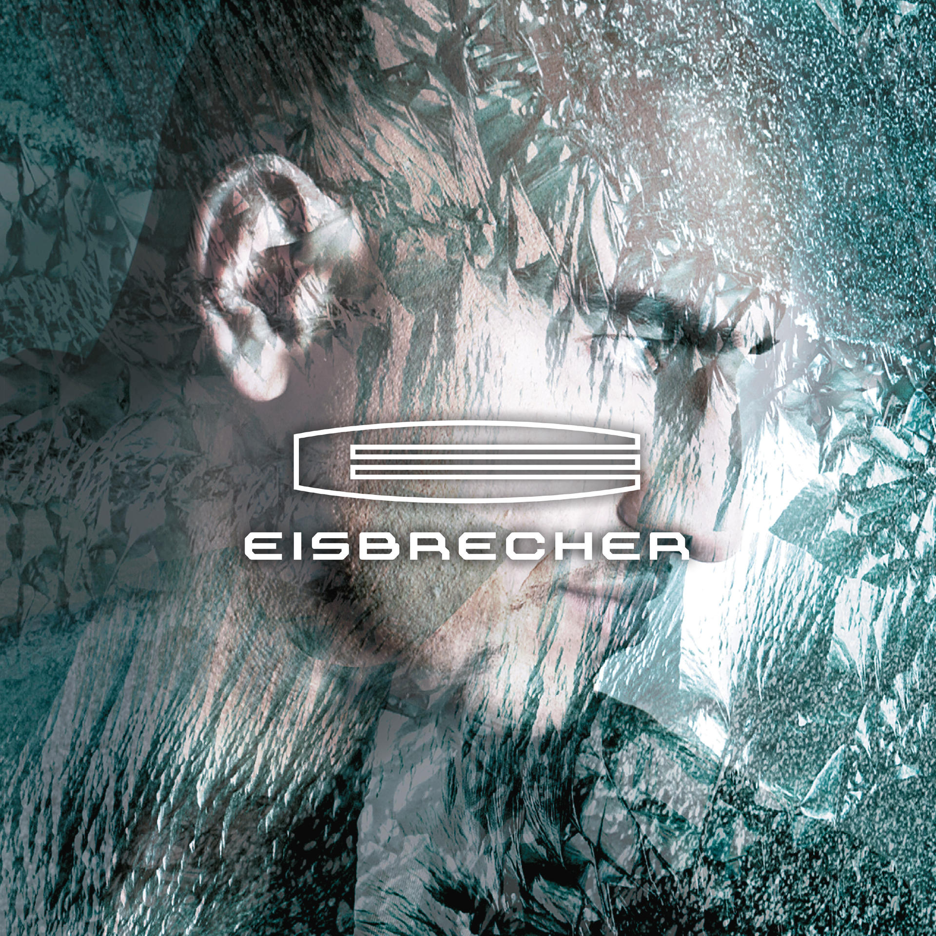 Albumcover. Ein Gesicht ist mit eisigen Texturen verzerrt, Bandname Eisbrecher.