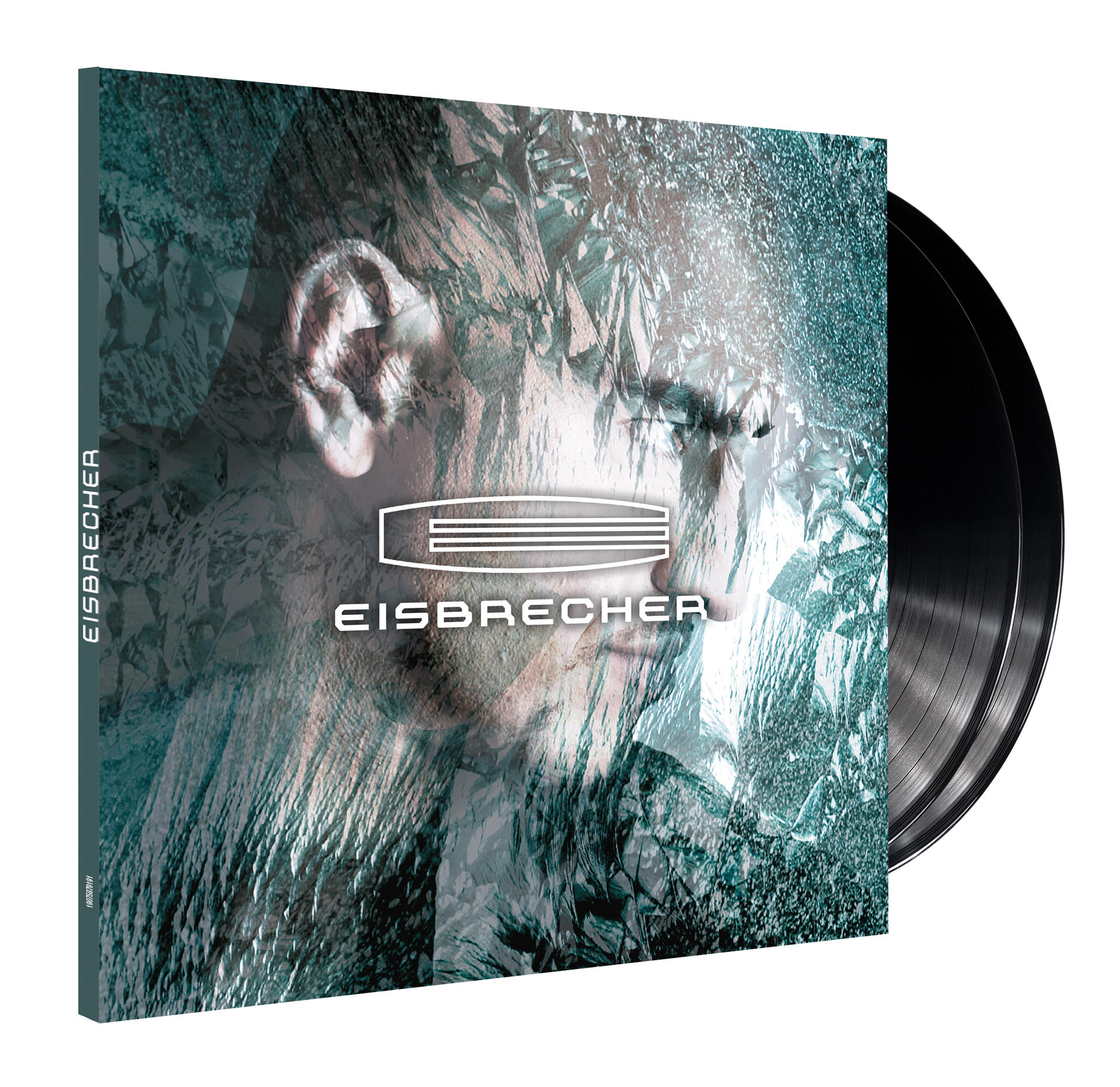 Albumcover, das das Gesicht einer Person hinter einem Glaseffekt und zwei Schallplatten zeigt.