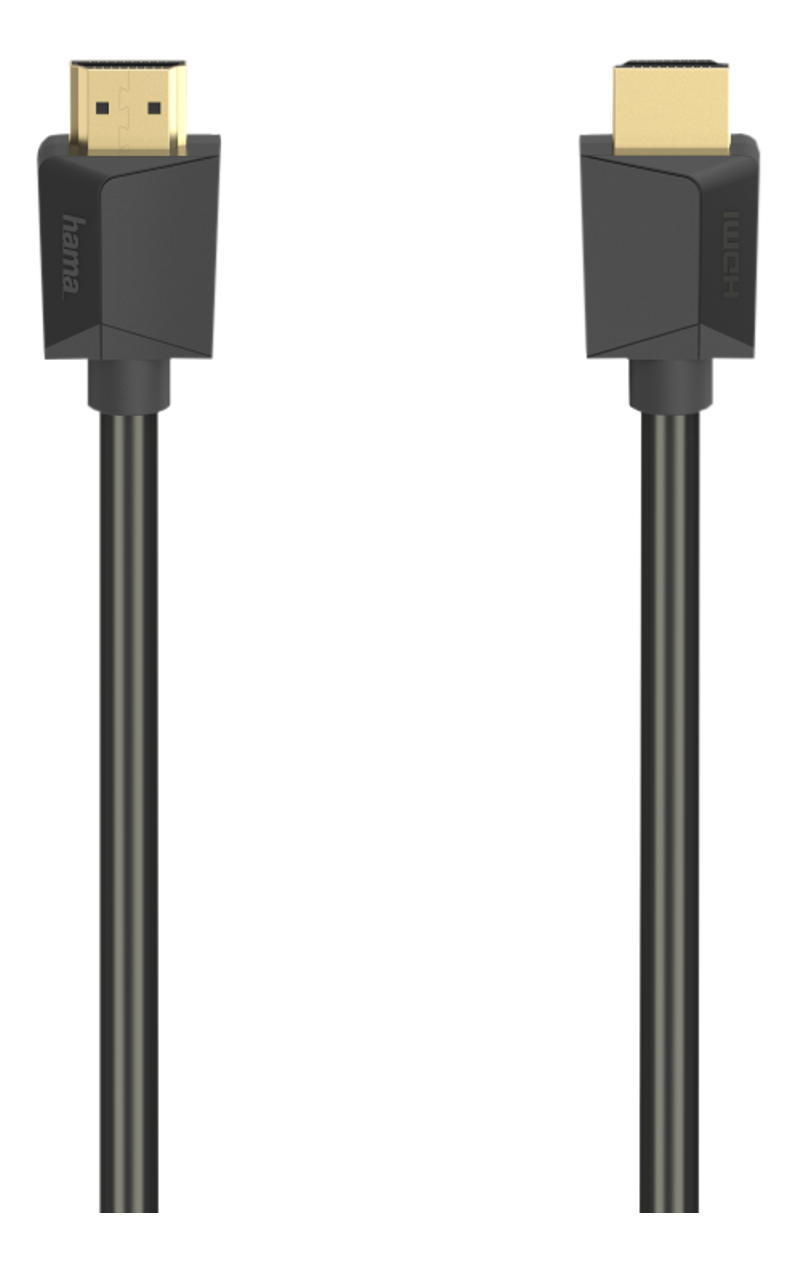 Schwarzes HDMI-Kabel mit Goldsteckern, beide Enden sichtbar.