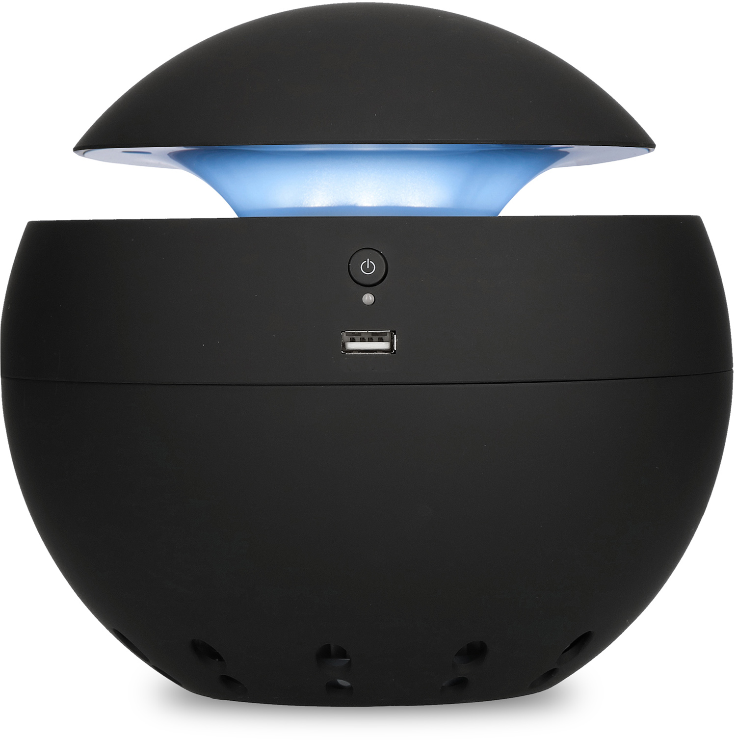 Black, spherical air purifier with a blue light emission. It has a power button and a USB port.