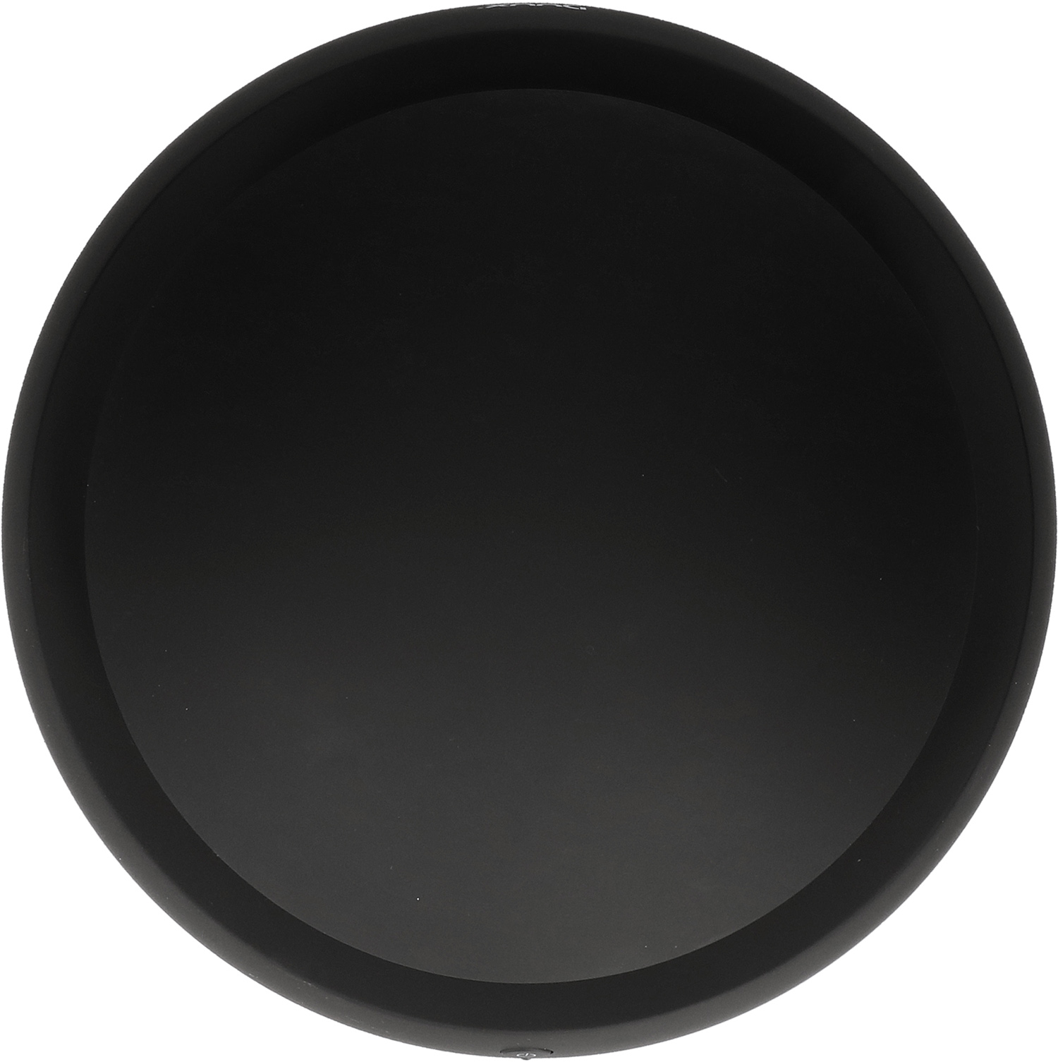 A black round tray. The surface is smooth and reflective, showing a dark interior.