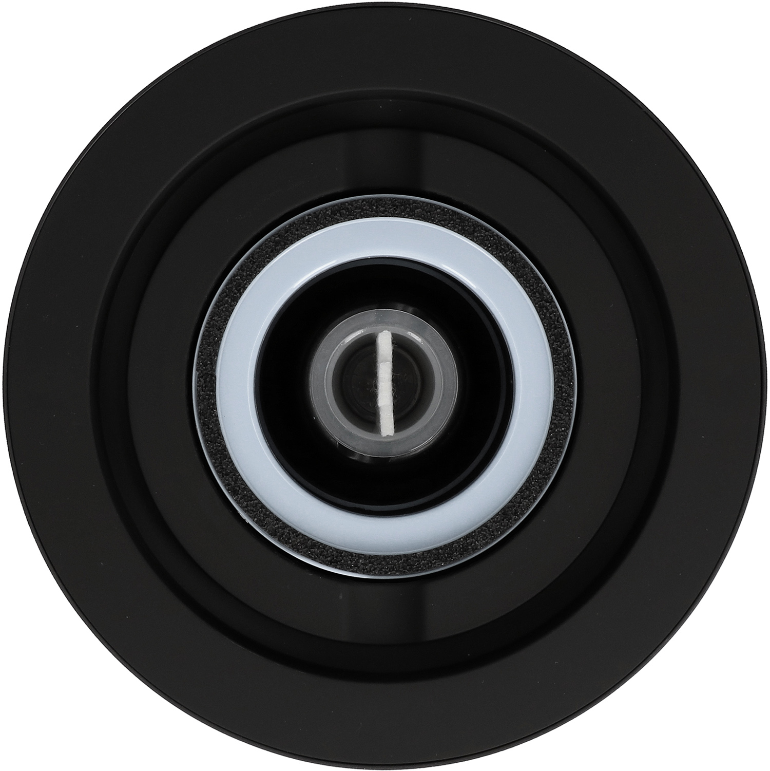 Black air filter with concentric circles and a white central element. Viewed from directly above.