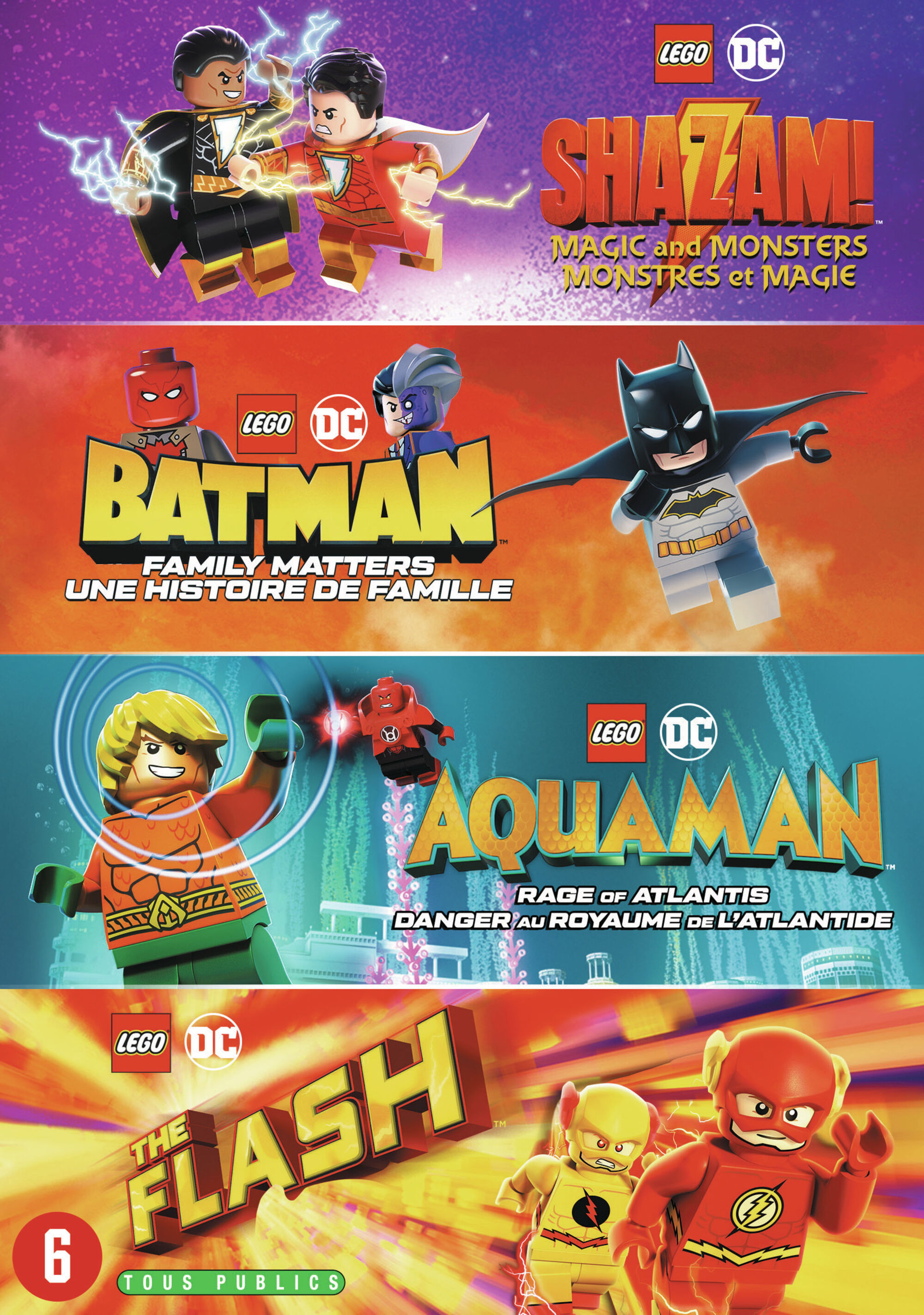 Vier LEGO DC filmposters met de personages Shazam, Batman, Aquaman en The Flash.