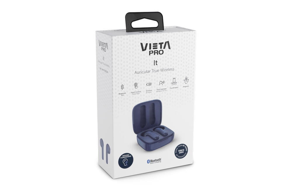 Caja de auriculares, estuche azul con auriculares azules, texto y logo.