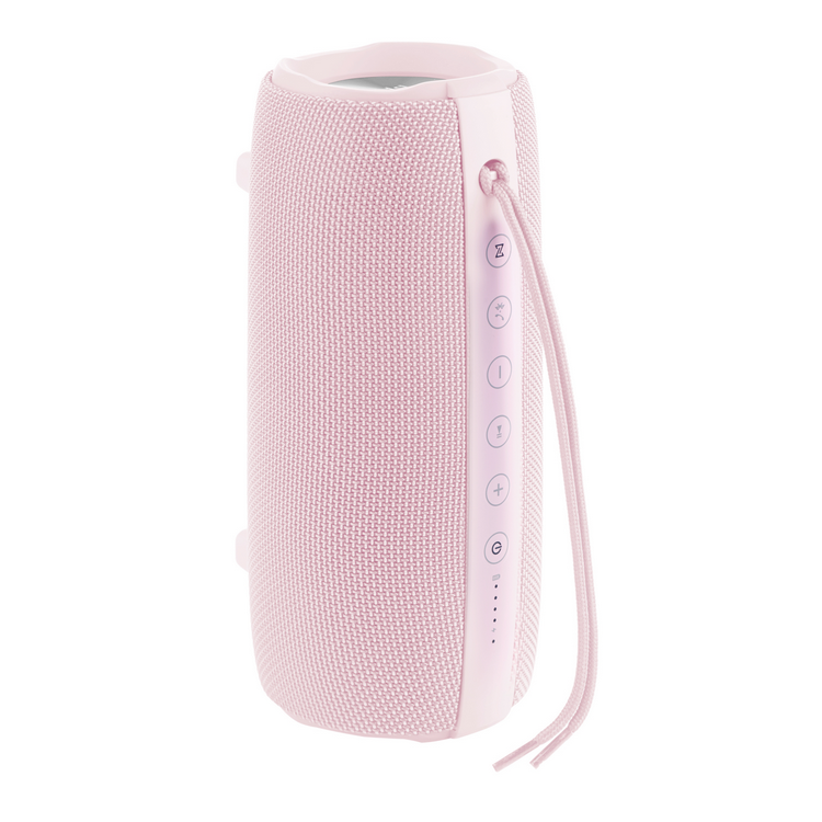 Altavoz portátil rosa con botones rosas y una correa rosa.