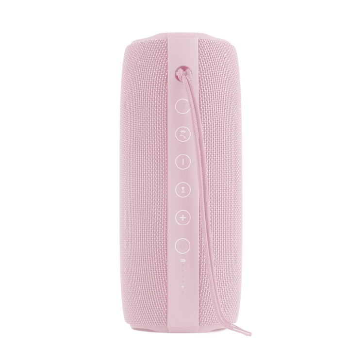 Un altavoz cilíndrico rosa con varios botones.