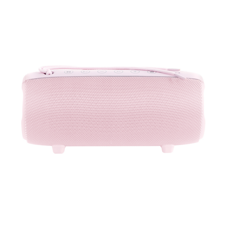 Altavoz rectangular rosa con botones en la parte superior, sostenido por dos patas. Fondo blanco.