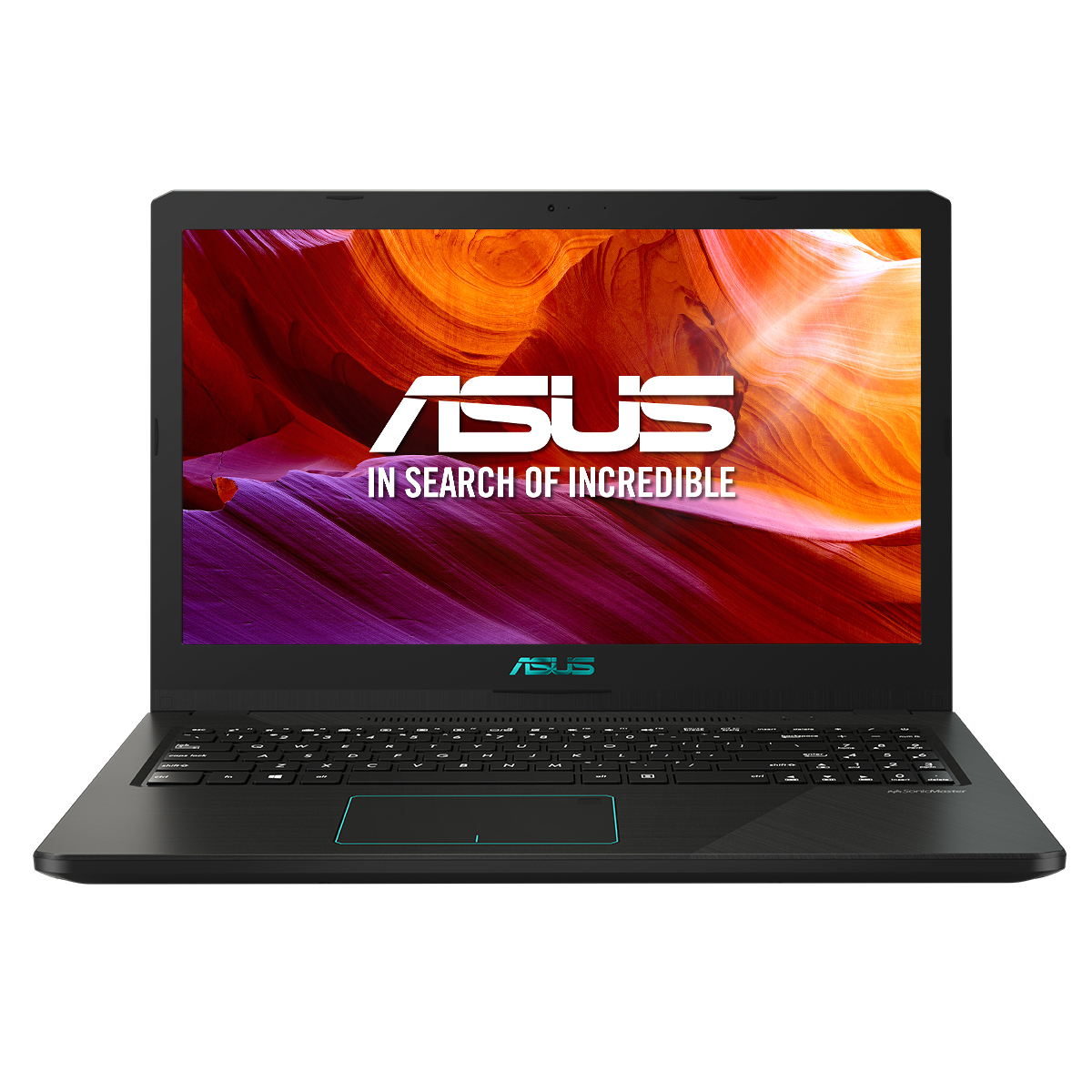 Un portátil Asus negro, abierto, sobre una mesa. La pantalla muestra un fondo colorido. La marca es visible.