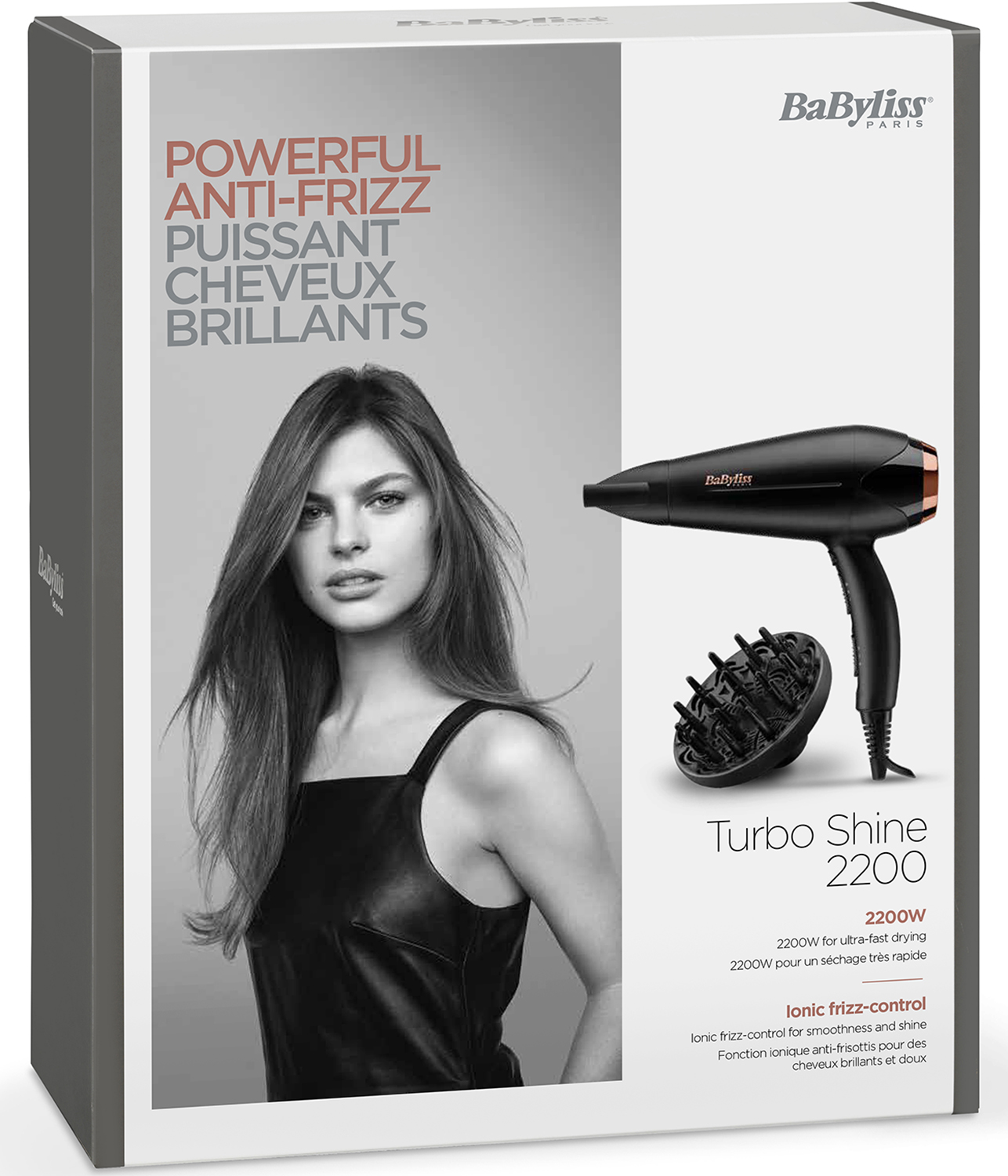 A box with a woman's photo, a hairdryer, and text about anti-frizz and shine.