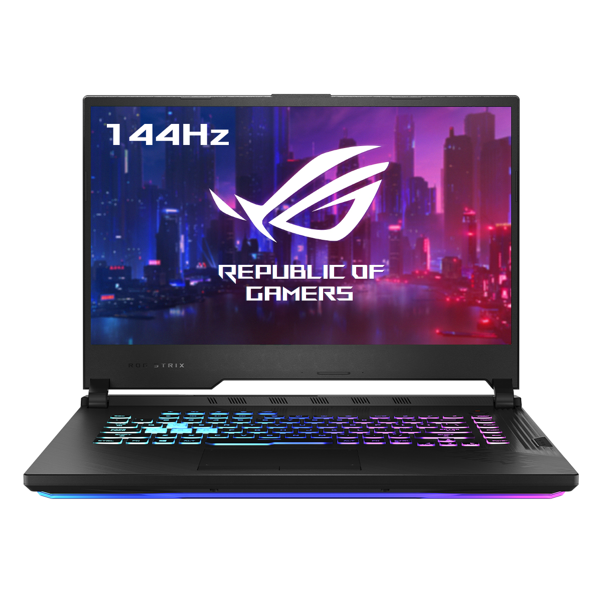 Portátil negro con pantalla de ciudad, 144Hz, teclado colorido.