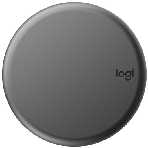 Sötétszürke, kör alakú vezeték nélküli töltőpad, rajta a 'logi' logóval.