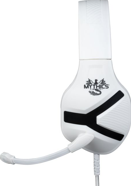 Weißes Gaming-Headset mit Mikrofon, mit dem Mythics-Logo.