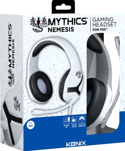 Gaming-Headset-Box. Weißes Headset mit schwarzen Akzenten, Mikrofon und PS5-Logo.