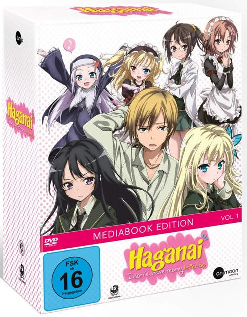Die Anime-Box-Set 'Haganai' zeigt mehrere Anime-Charaktere, mit Text und Logos.