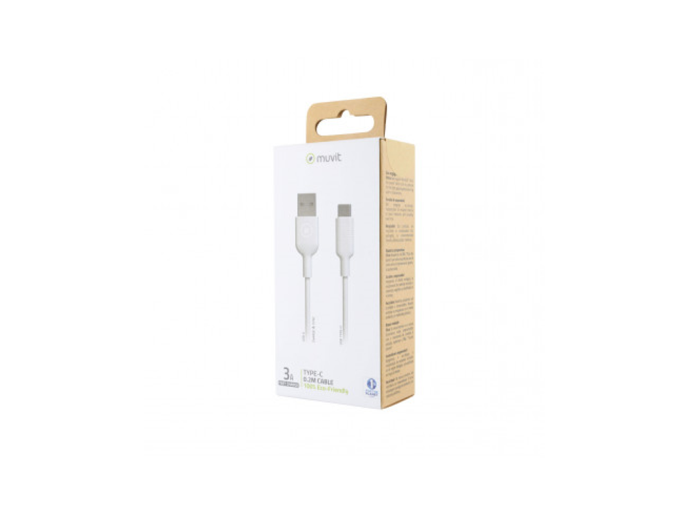 Cable USB-C blanco en una caja de cartón con texto.