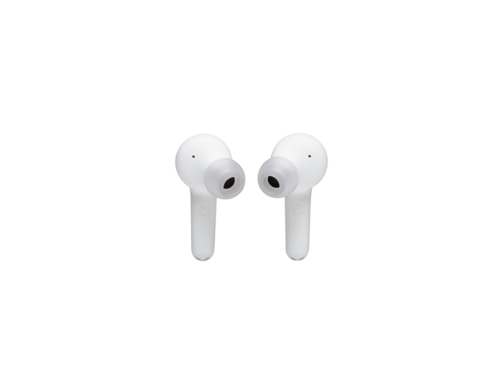 Dos auriculares inalámbricos blancos sobre fondo negro.