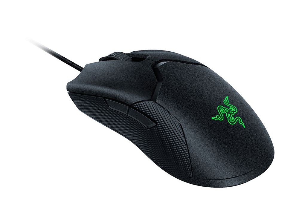 Ratón gaming Razer negro con logotipo verde y botones laterales, fondo blanco.