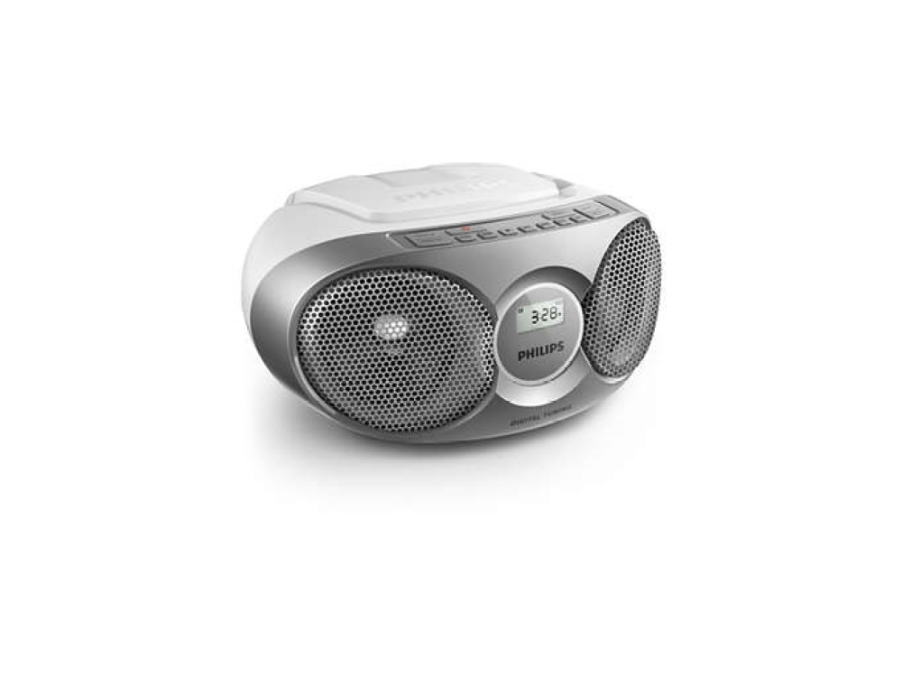 Radio Philips plateado y blanco con pantalla digital y dos altavoces.
