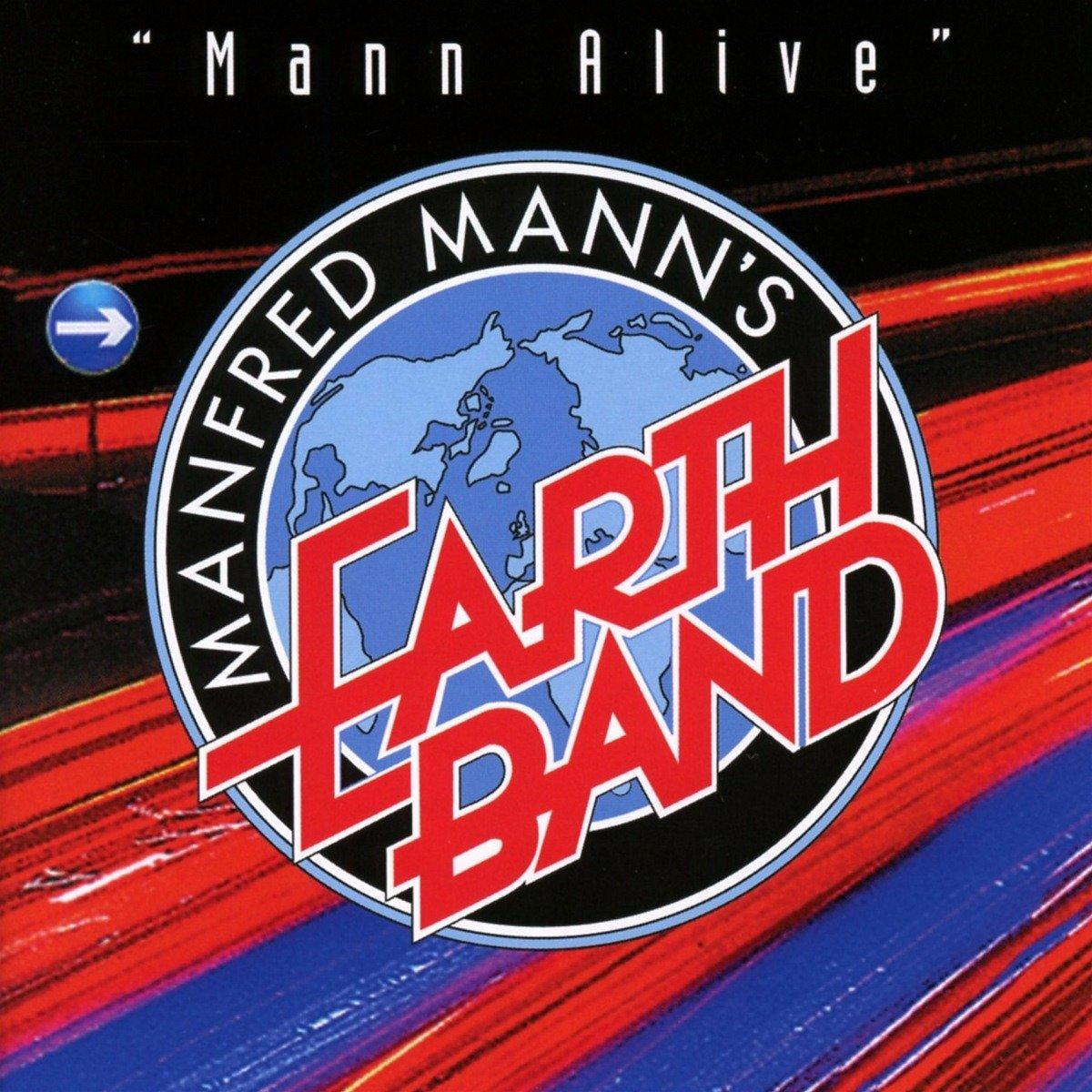 Albumcover von Manfred Mann's Earth Band. Roter und blauer Hintergrund mit dem Bandlogo.