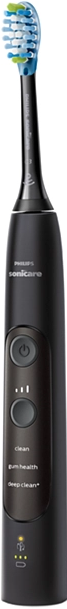 Brosse à dents électrique Philips Sonicare noire avec trois boutons pour les modes de nettoyage.