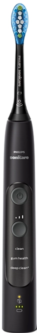Brosse à dents électrique noire avec une tête de brosse bleue et blanche. Boutons et voyants.