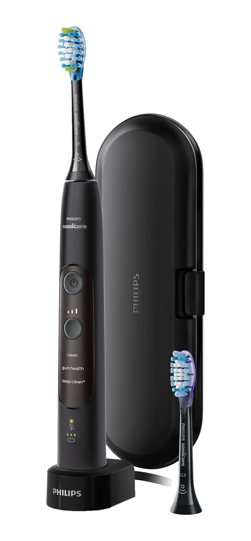 Brosse à dents Philips Sonicare noire, chargeur et tête de brosse de rechange, sur fond noir.