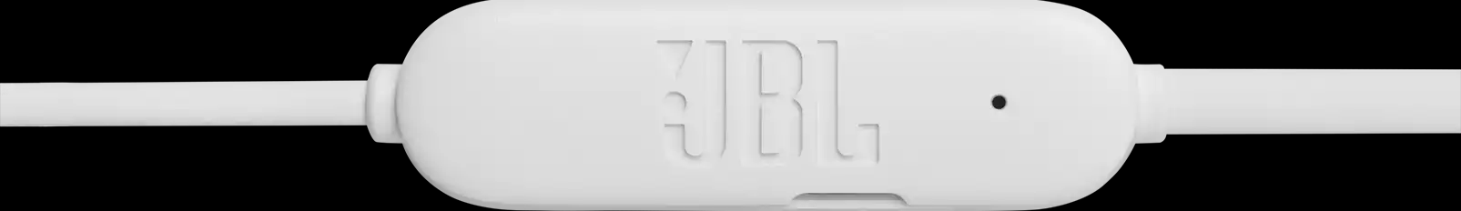Weiße JBL Inline-Fernbedienung für Kopfhörer, mit dem JBL-Logo.