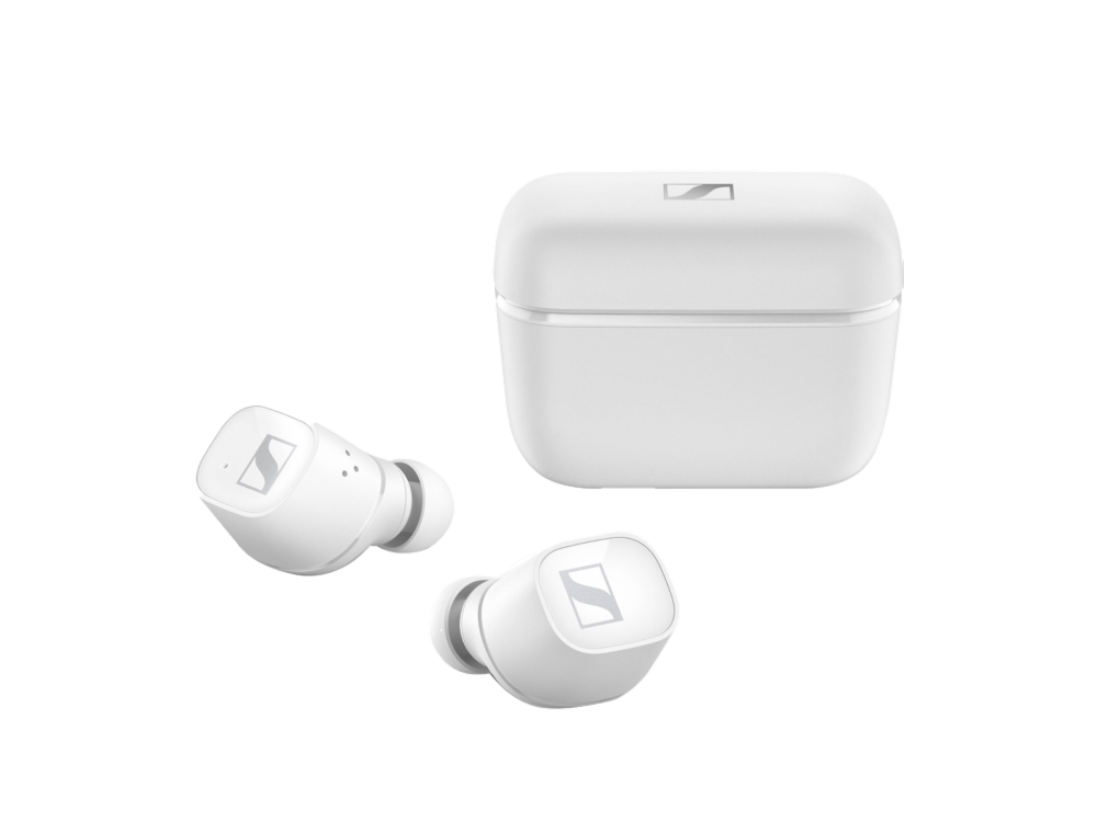 Auriculares inalámbricos blancos con estuche de carga blanco sobre fondo negro.