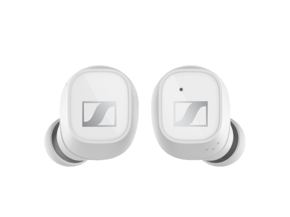 Dos auriculares blancos con el logo de Sennheiser sobre fondo negro.