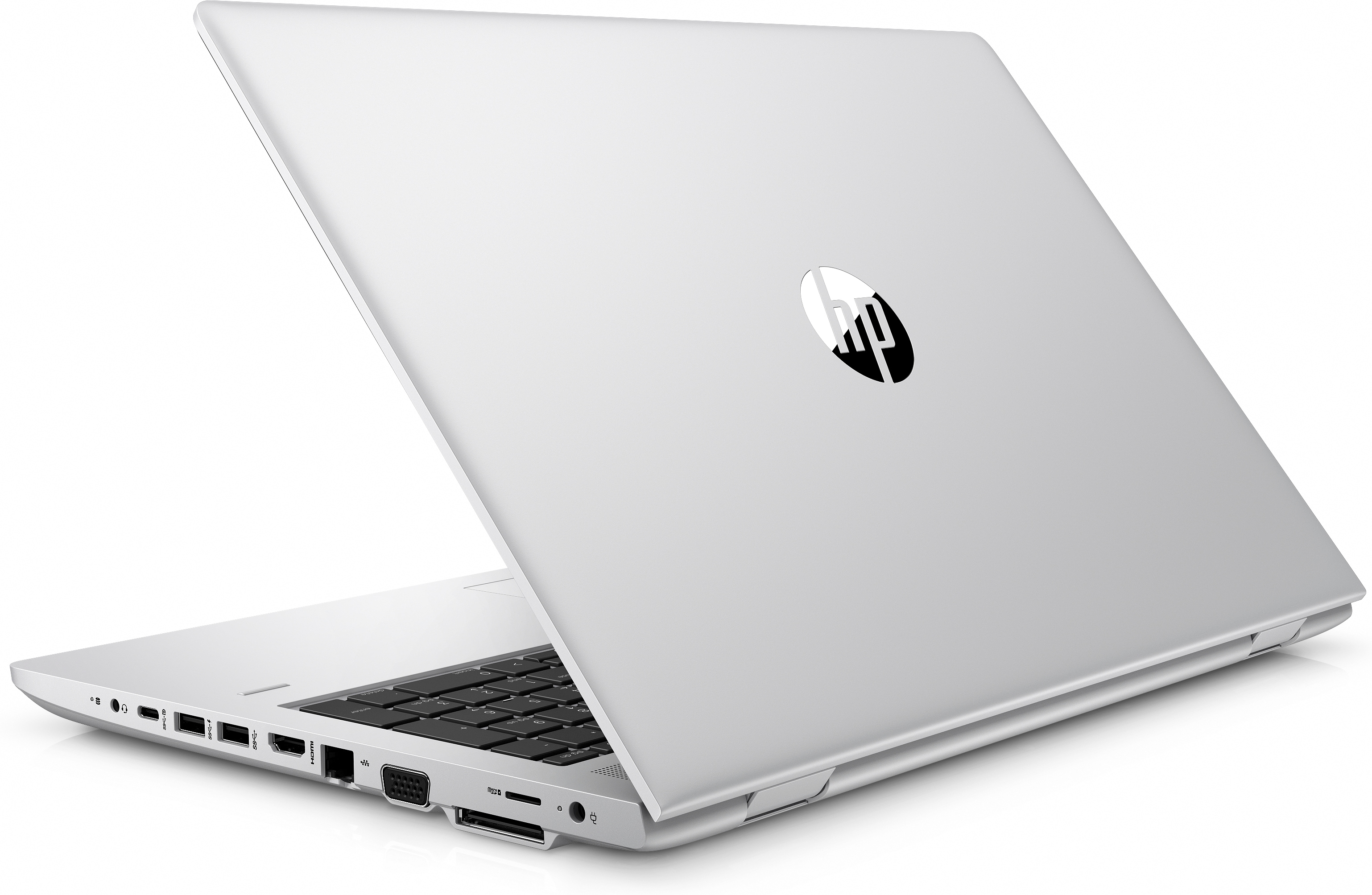 Silberner Laptop, geöffnet, zeigt Tastatur und Anschlüsse. HP-Logo hinten.