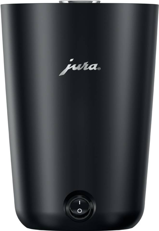 Macchina da caffè Jura nera, con logo Jura argentato e pulsante on/off.
