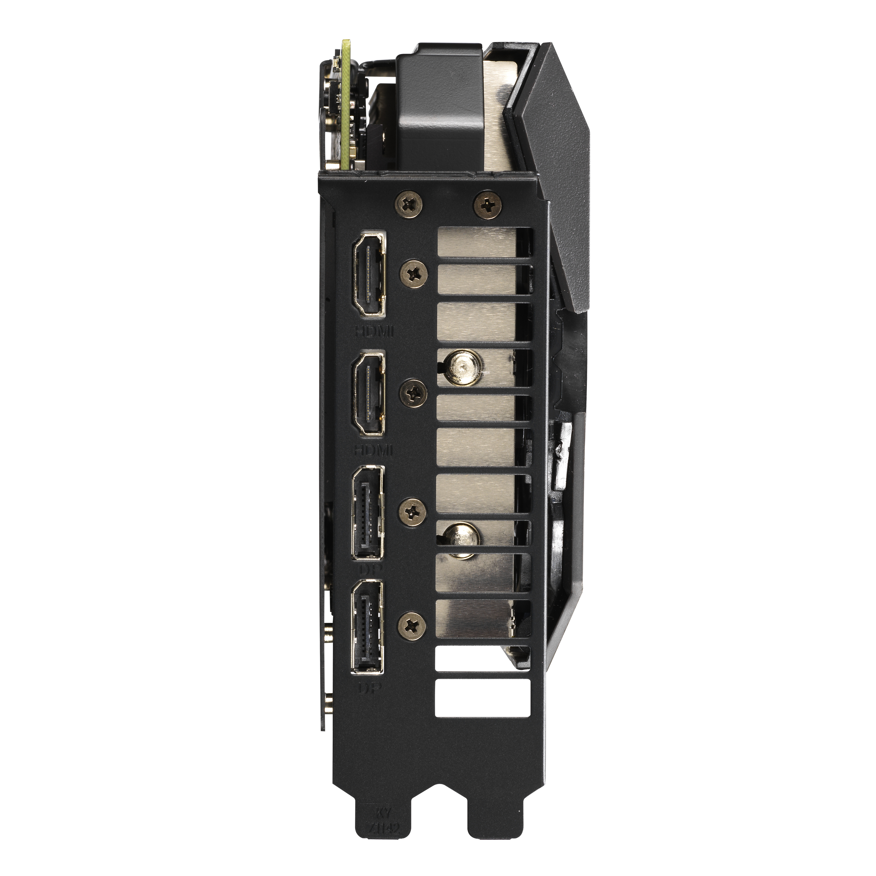 Eine schwarze Grafikkarte mit vielen Anschlüssen. Zu den Anschlüssen gehören HDMI und DVI. Die Karte liegt auf einer weißen Oberfläche.