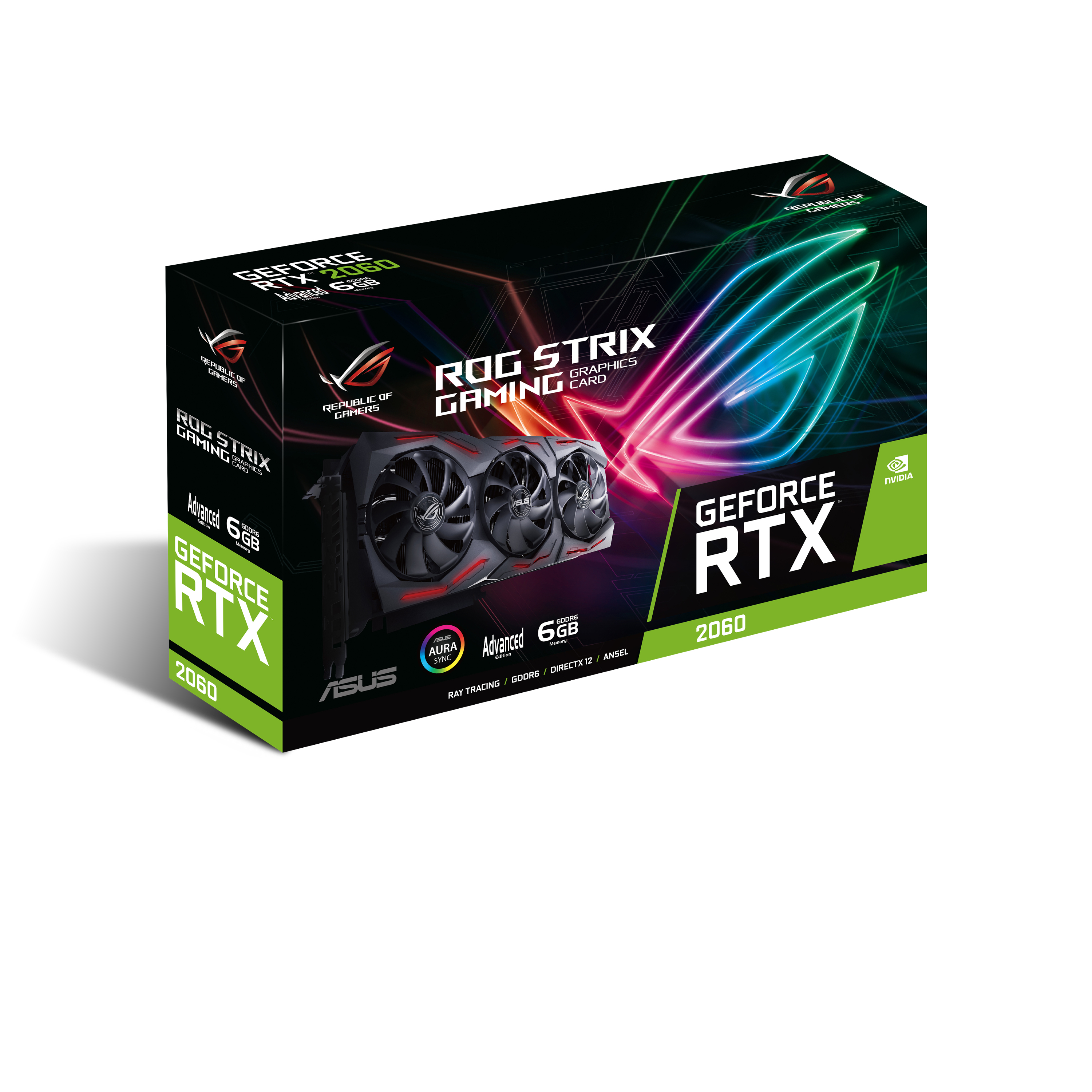 Asus ROG Strix Gaming GeForce RTX 2060 Grafikkarte Box, mit einem Bild der Karte.