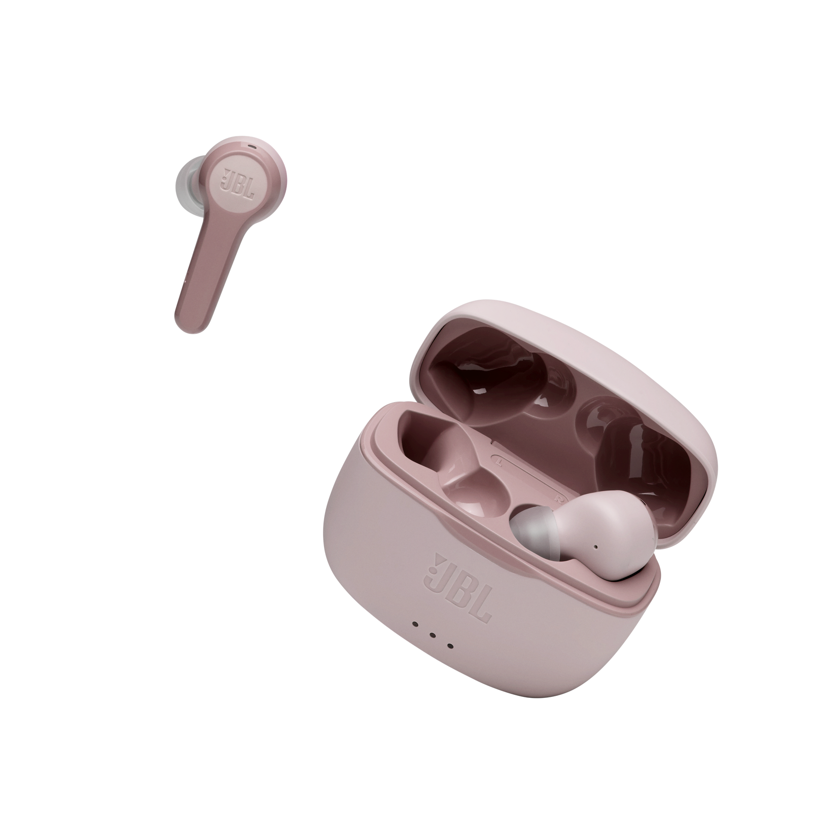 Pembe JBL kulaklıklar bir kılıfta, bir kulaklık kılıfın dışında. Siyah arka plan.