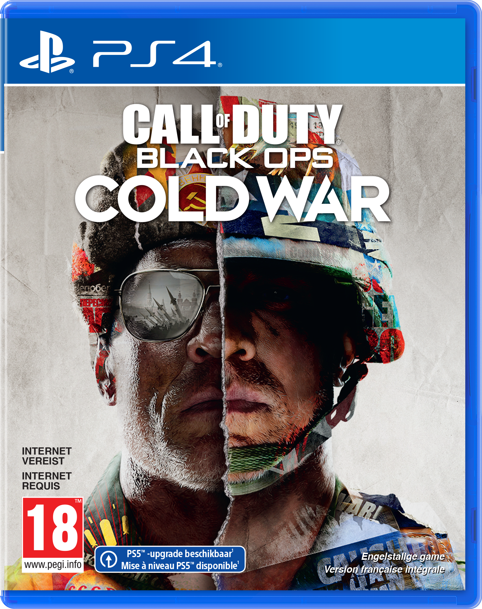 Jaquette du jeu PS4 'Call of Duty: Black Ops Cold War'. Montre un visage divisé et un soldat.
