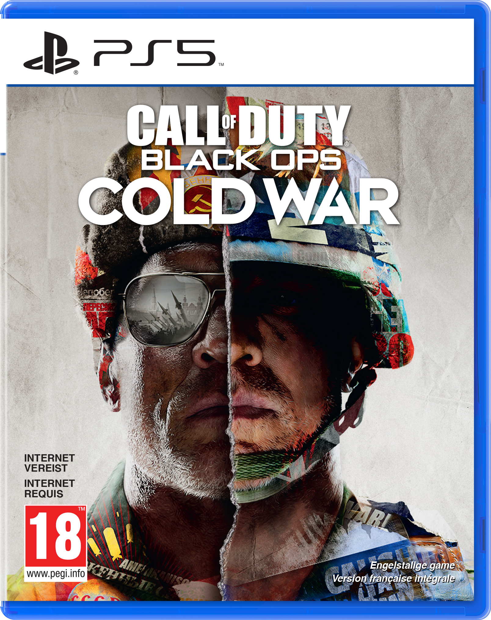 Call of Duty: Black Ops Cold War PS5 gamecover, met een gespleten gezicht van een soldaat.