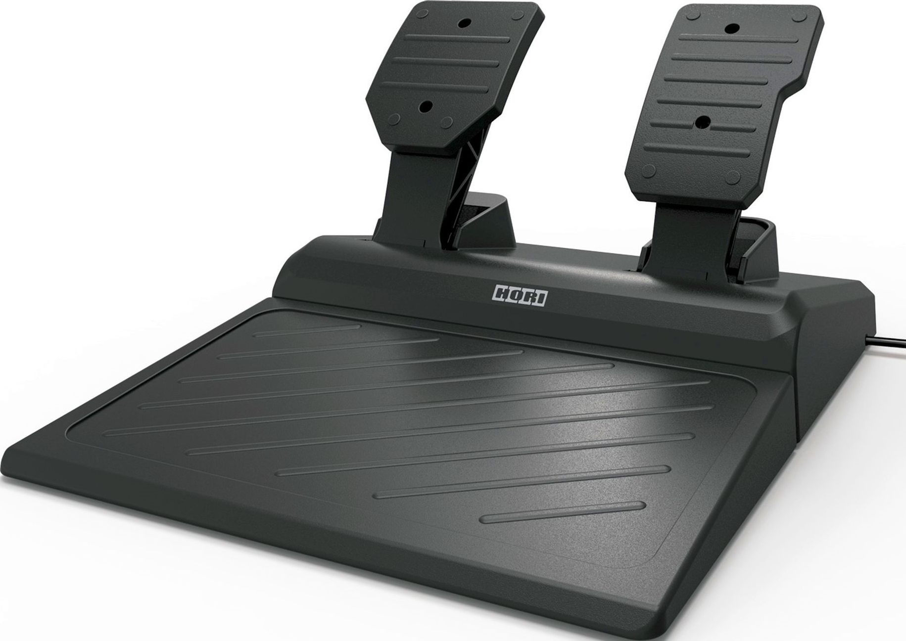 Schwarze Hori-Gaming-Pedale auf weißer Oberfläche, schräge Ansicht.