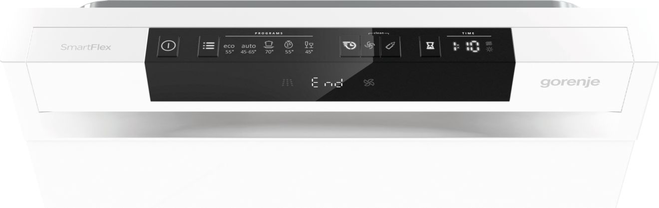 Fehér Gorenje mosogatógép vezérlőpanel gombokkal és kijelzővel.