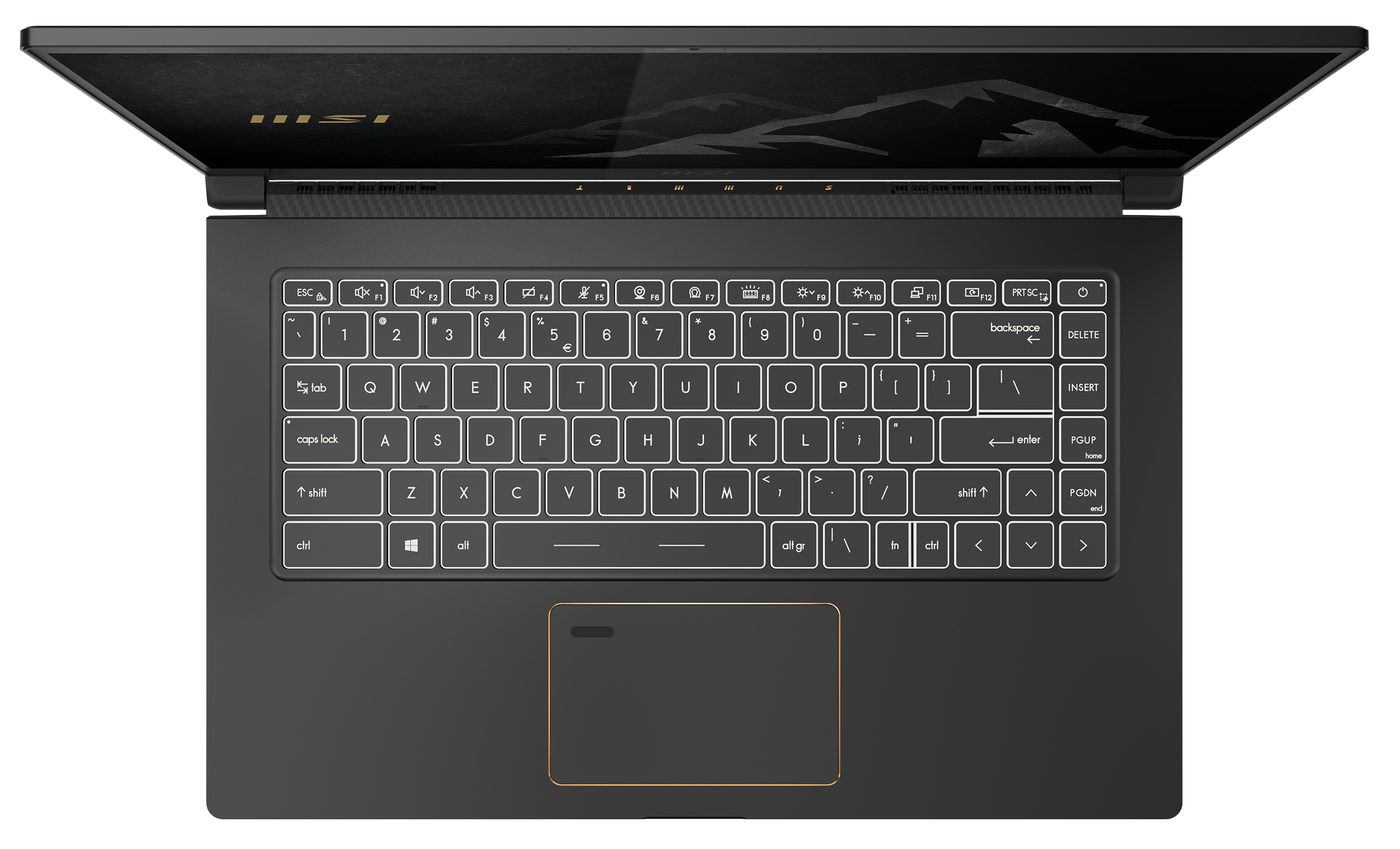 Draufsicht auf einen schwarzen Laptop mit beleuchteter Tastatur und einem Touchpad mit goldenem Rand.
