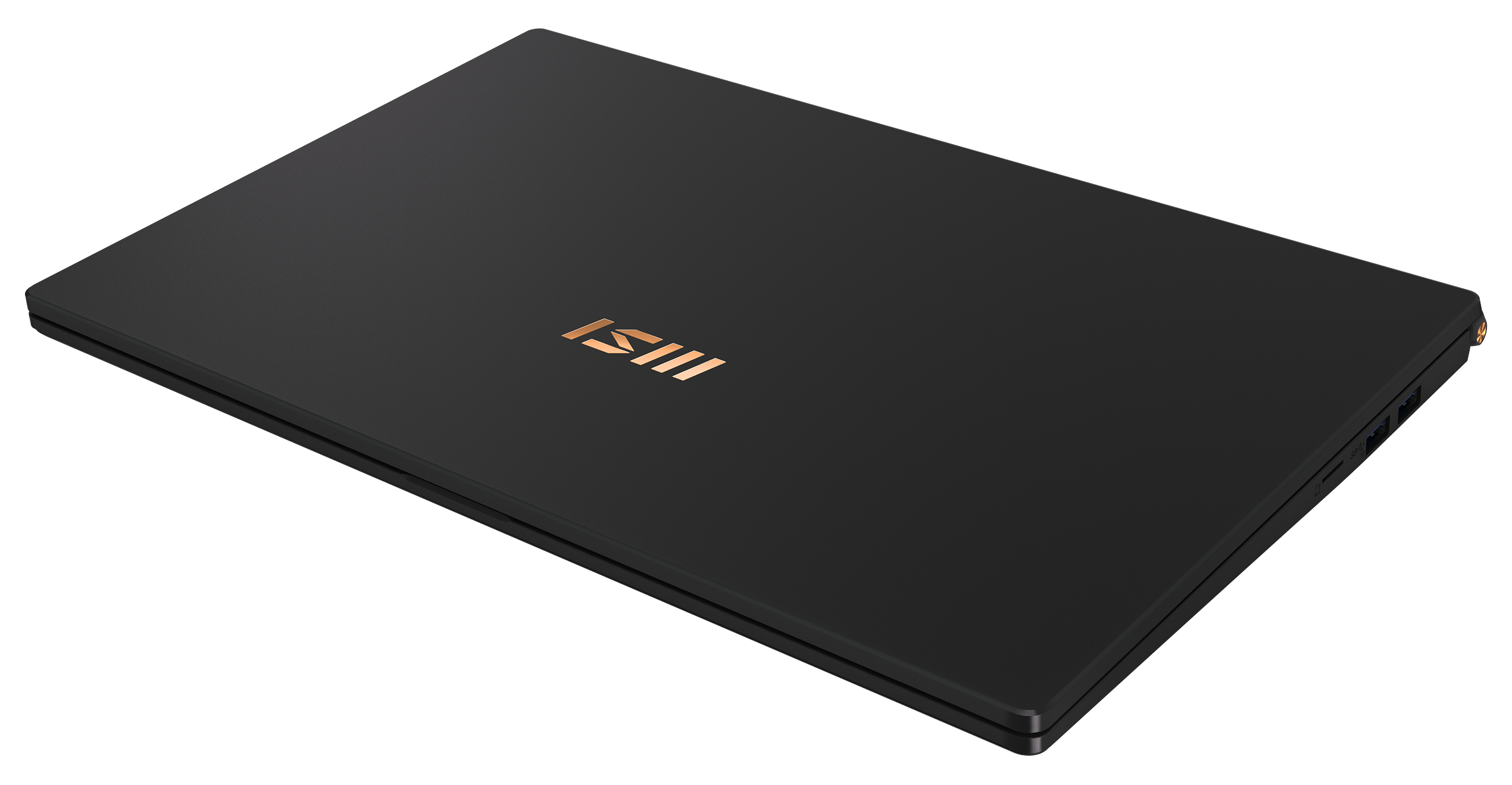 Ein geschlossener schwarzer Laptop mit goldenem MSI-Logo auf dem Deckel vor weißem Hintergrund.