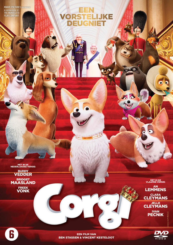 Affiche du film Corgi. Corgis sur tapis rouge avec des personnages royaux.