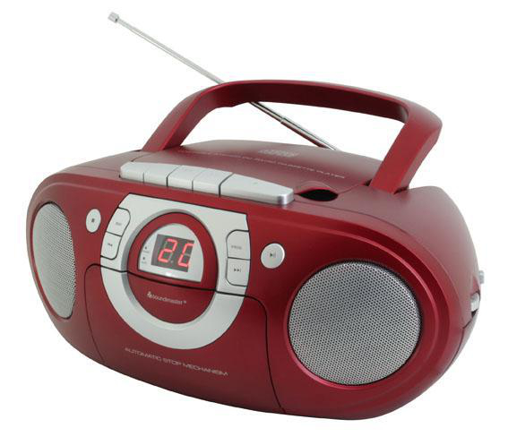 Roter Ghettoblaster mit Griff, Lautsprechern und Digitalanzeige. Hat eine Antenne und Knöpfe.