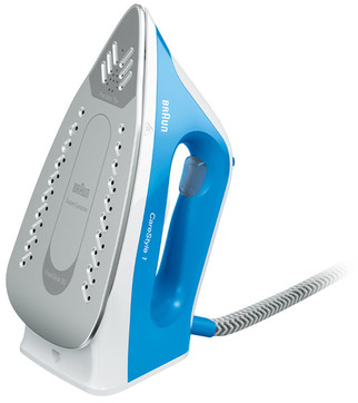 A blue and white Braun CareStyle 1 iron. The iron is set on a white base.
