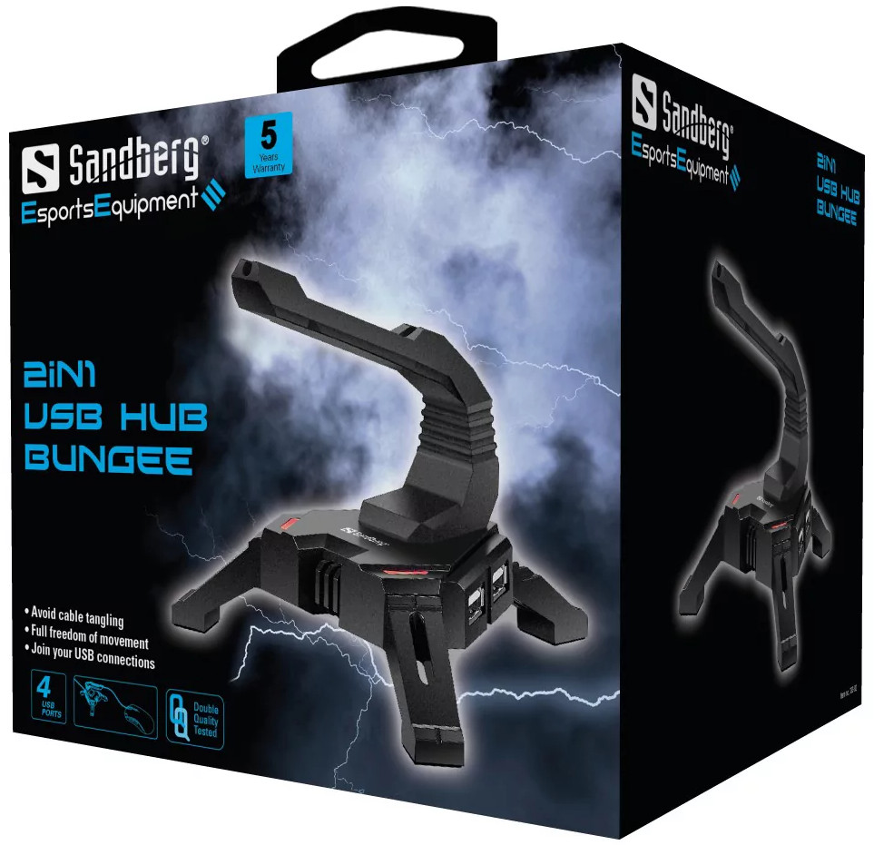 Black and blue Sandberg USB hub bungee box with text and a product image.